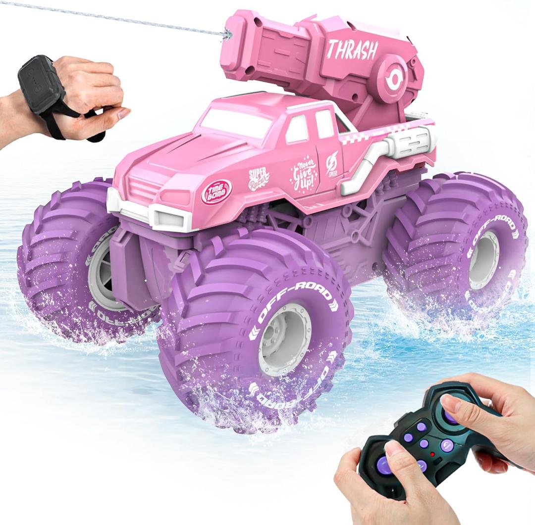 BEZGAR Amphibious Remote Control Car for Girls - Pink Monster Truck Toys 1:16 RC Boats 2.4GHz Waterproof Tank with Shooting Water Pistol, 4WD All-terrian Off-Road Pickup Outdoor, Girls Kids Gifts