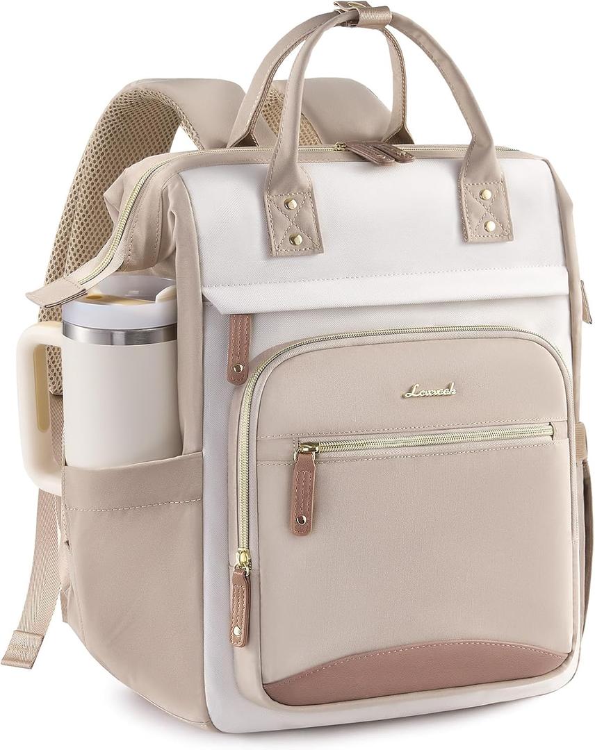 LOVEVOOK Laptop Backpack for Women Work Bag with Large Capacity Cup Side Pocket, 15.6 Inch Waterproof Computer Backpacks Purse, College Bookbag for School, Business, Teacher, Travel (Beige)
