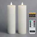 Fanna 8'' White Slim Column Battery Operated Flameless LED Candles, Christmas Pillar Candles Stripe Design, Batteries and Remote Included - Set of 2 - Dia.2.15 inches