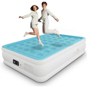 Full Air Mattress with Built-in Pump, Single Air Bed with Portable Storage Bag, Suitable for Home and Guests, Top Flocking, 18" Full Sky Blue