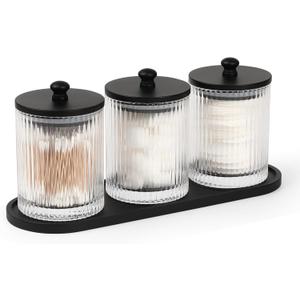 3 Pack Qtip Holder - Bathroom Organizers and Storage, Cotton Round Holder Floss Pick Cotton Ball Swab Holder with Tray, Glass Apothecary Jars with Lids Container Set -Black lid Clear color-3 Pack with tray