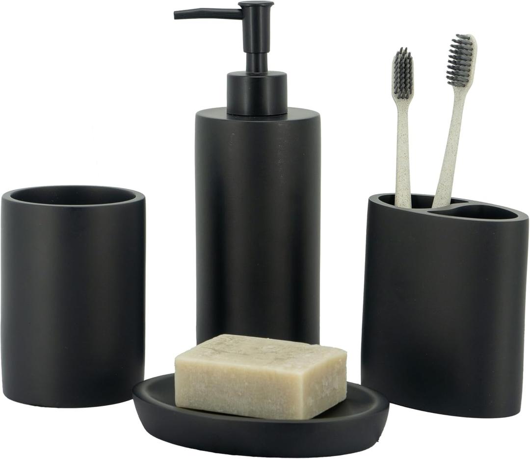 ZCCZ Bathroom Accessory Set, 4 Pcs Matte Black Bathroom Vanity Countertop Bathroom Dcor Sets Accessories with Soap Dispenser, Toothbrush Holder Set, Tumbler, Soap Dish (Matte Black Look Rounded)