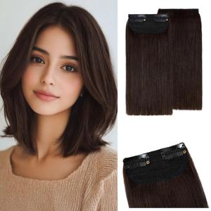 S-noilite 2 pieces 6 inch Clip In Short Hair Extensions 100% Remy Human Hair Invisible Mini Short Clip in Hairpiece for Women with Thinning Hair Dark Brown