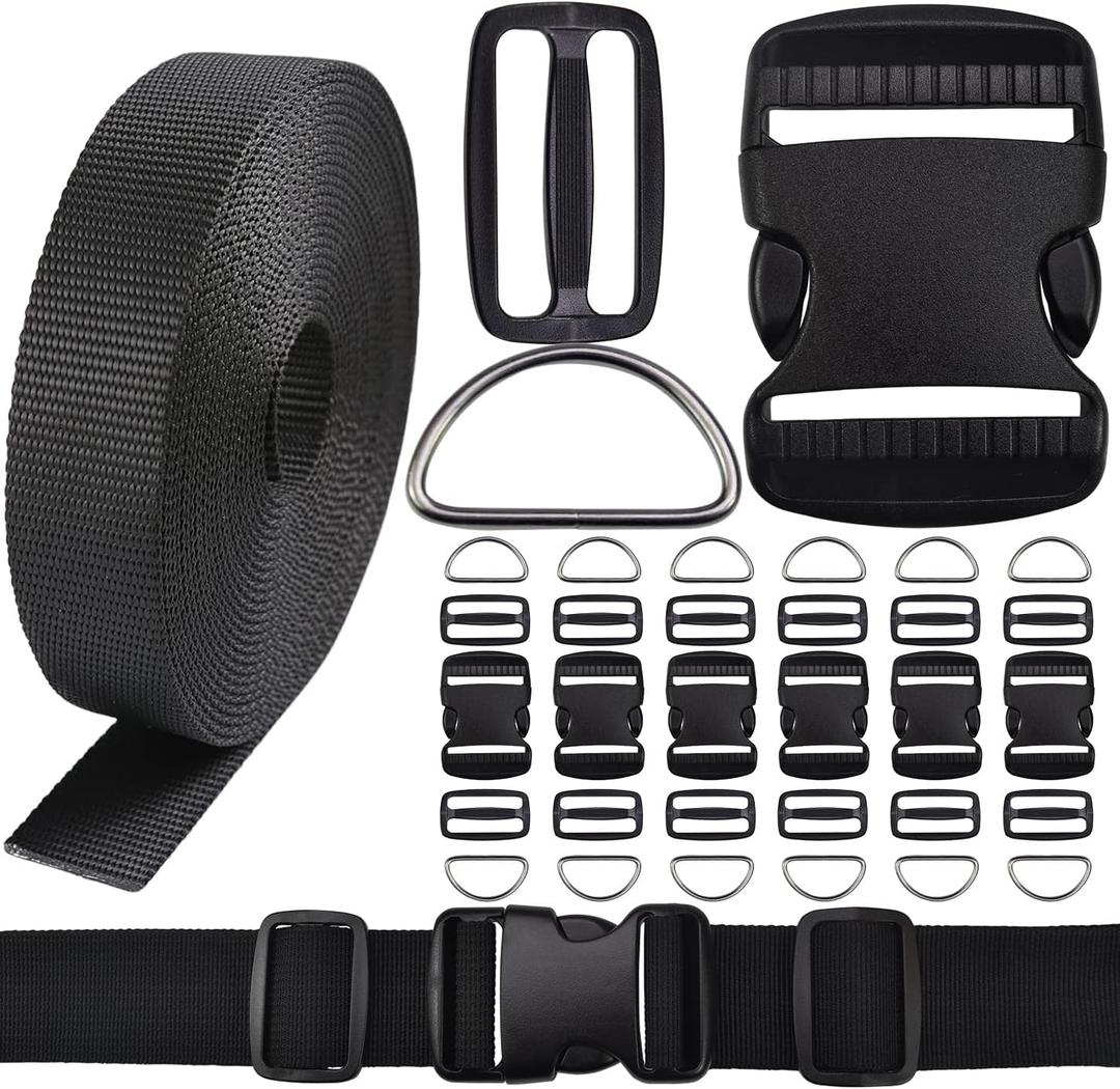 CooBigo 6 Yards Nylon Webbing Strap 6 Pcs Quick Side Release Plastic Buckle 12pcs Tri-glide Slide Clip D Rings (2 Inch set)