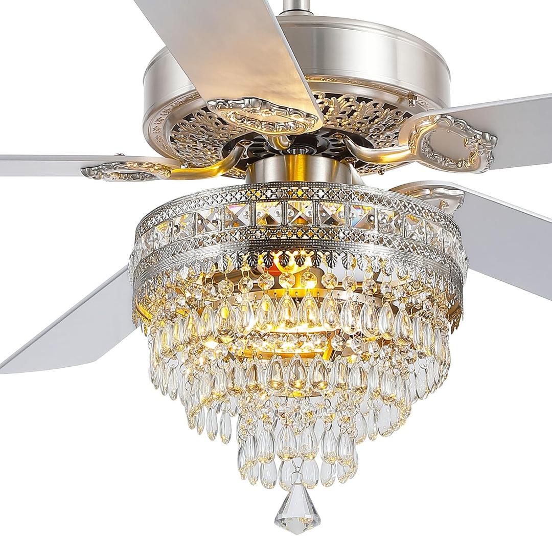Asyko Crystal Ceiling Fan Fandelier with Lights and Remote Control52" Modern Chandelier Ceiling Fans with Reversible Blades, Silent MotorFandelier Ceiling Fan with Light Chrome (Silver-52IN)