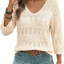 SHEWIN Womens Tops Casual V Neck Short Sleeve Sweater Lightweight Crochet Shirt Hollow Out Knit Summer Top Beach Vacation Cruise Outfits for Women 2026 Spring Clothes, US 4-6(S), Beige