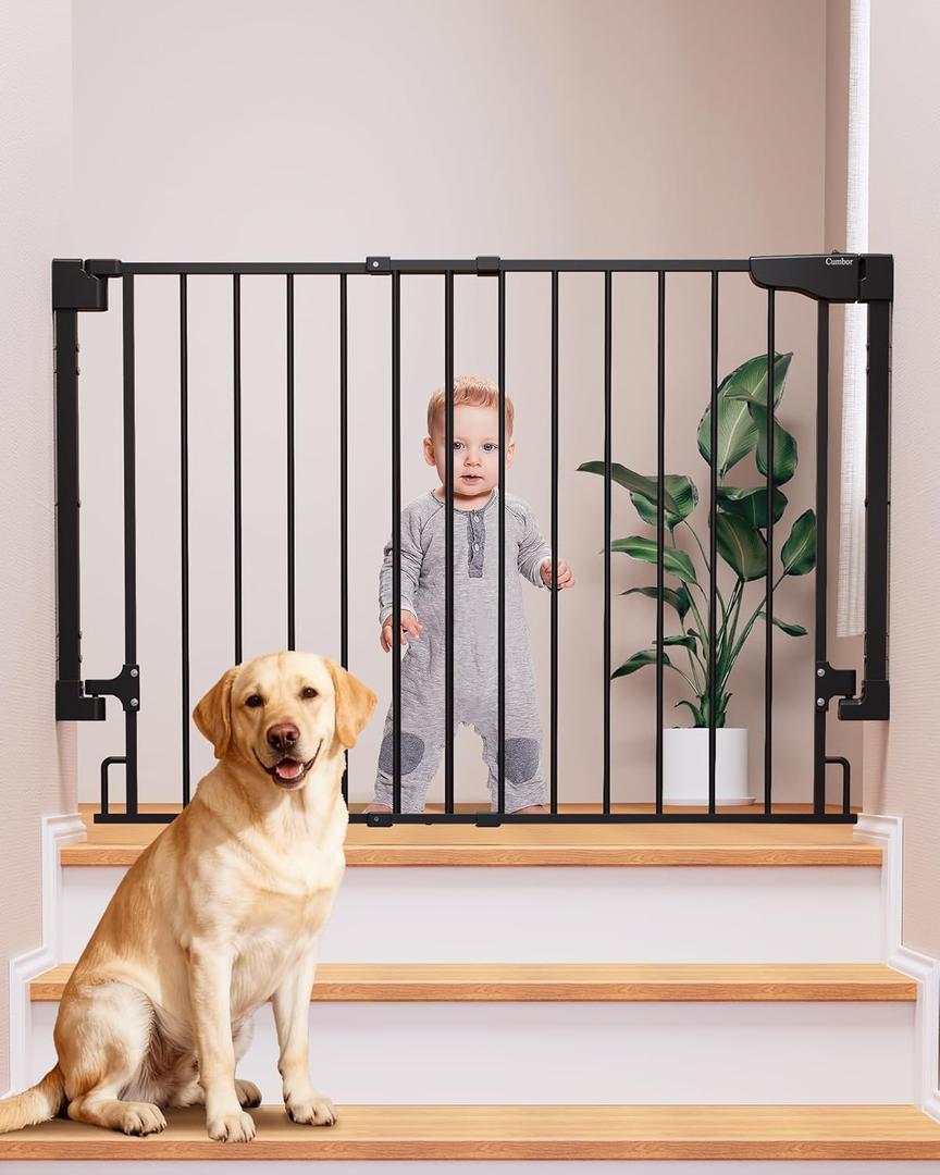 Cumbor 29.243" Baby Gate for Stairs, Wall-Mounted (Drill Required), Expandable No Bottom Bar Dog Gate, Auto Close Extra Wide Walk Thru, Pet & Toddler Proof Gate, Top & Bottom of Stairways(Black)