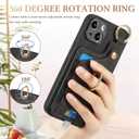 JanCalm for iPhone 15 Plus Case, Metal Ring Holder Stand, Card Slots Wallet, Wrist Strap, Magnetic Clasp, Leather Shockproof Protective Cover for iPhone 15 Plus (Black)