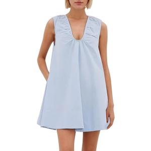 Women Summer Sleeveless Babydoll Mini Dress Scoop Neck Loose Fit Tank Dresses Party Ruched Short Dress witn Pockets Blue (Blue, M)