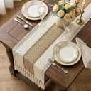 Boho Macrame Table Runner with Tassels Farmhouse Rustic Dining Woven Table Runner for Bedroom Dresser Kitchen Home Decor(White & Brown, 12x90 in)