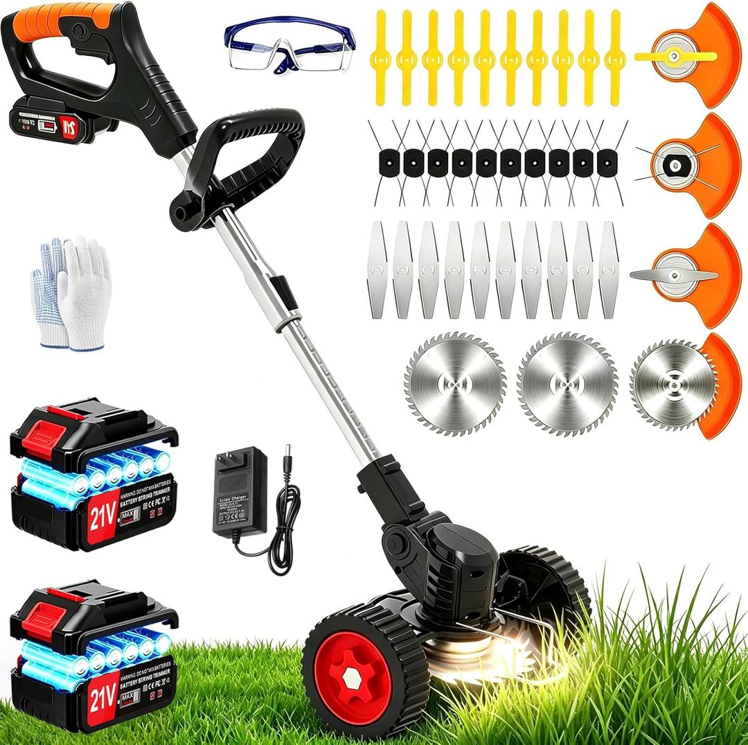 Electric Weed Wacker Cordless Weed Eater 21V Battery Powered No String Trimmer,3 in 1 Lightweight Portable Edger Grass Trimmer/Brush Cutter/Lawn Mower with 4 Types Blades & Wheels for Yard and Garden, 35 inches