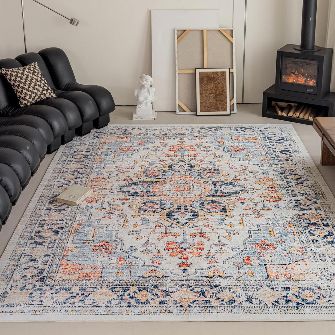 VK VKLIVING 9x12 Area Rug Washable Rugs for Living Room Vintage Design Boho Rug with Non Slip Living Room Bedroom Carpet Stain Resistant, Home Decor, Blue and Orange