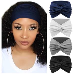 AQOKKA Extra Wide Headbands for Women Large Turban Headband Non Slip Boho Elastic Hairband Hair Twisted Knot Head Bands Accessories (4 Pcs: Navy Blue, White, Grey, Black)