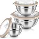 HaWare Mixing Bowls with Airtight Clear Lids, 6-Piece Stainless Steel Strong Nesting Bowls Set, Metal Salad Bowl for Cooking, Prepping, Baking, Serving & Food Storage, Size 4.6, 3, 1.5QT, Khaki