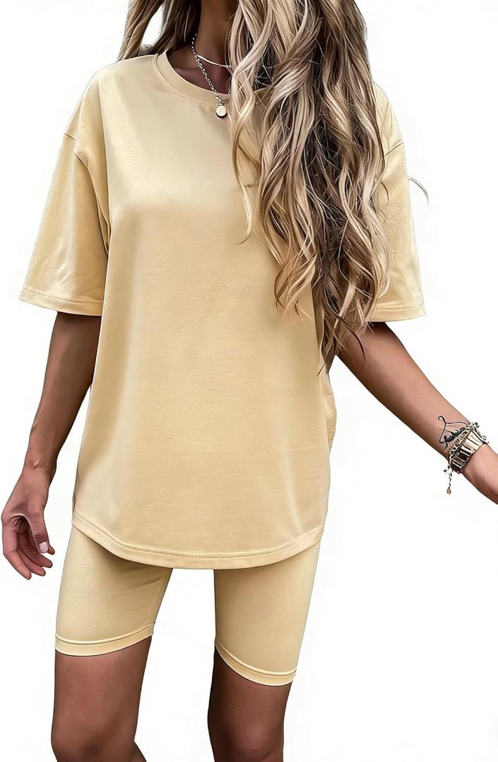 Women 2 Piece Lounge Set Summer Outfits Matching Clothing Oversized Tshirts Biker Short Fashion, Yellow (M)