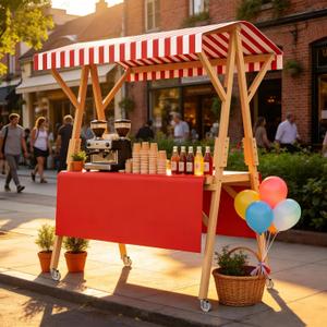 Market Stall Frame Carts Width 59" Outdoor Pine Wood Street Food Vendor Cart with Canopy Folding Vendor Stall Cart with Wheels for Beaches or Festivals (Red)