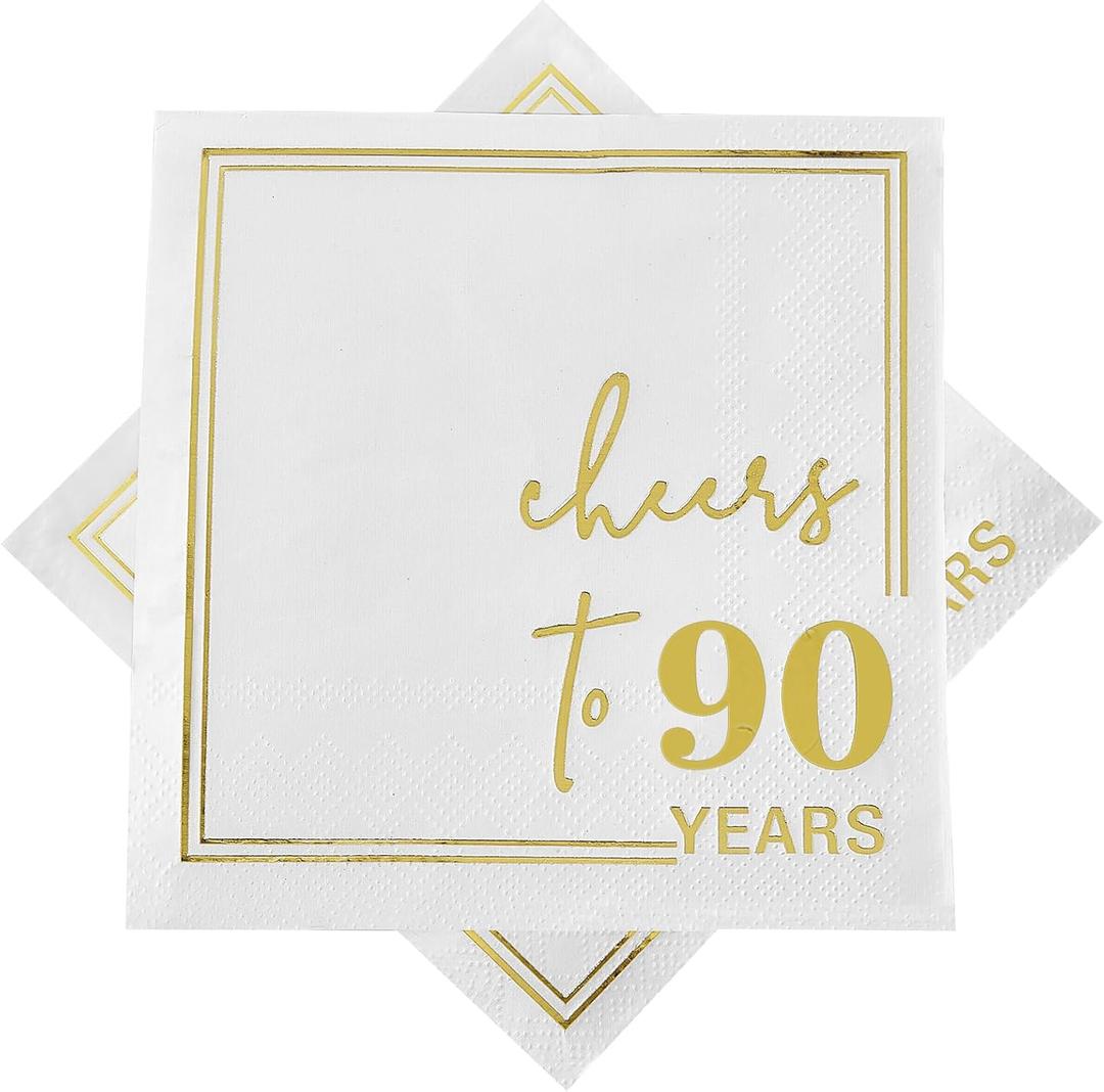 Ottin White Gold Cheers to 90 Years Cocktail Paper Napkins, 5x5 Inches, 50 Counts, 3-Ply Disposable Party Napkins for 90th Birthdays Decorations, Anniversaries, Weddings, Indoor & Outdoor Celebrations