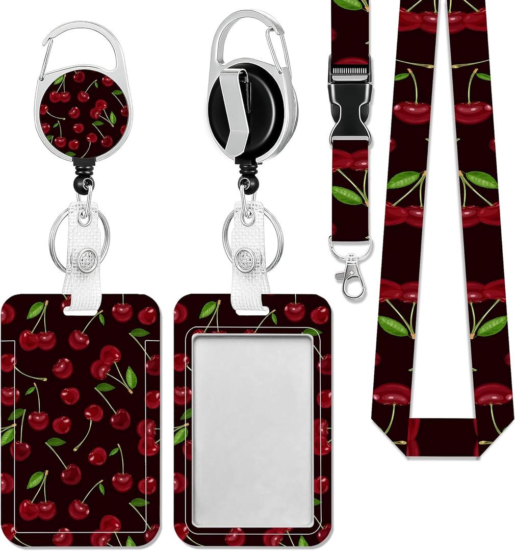 Badge Holder with Lanyard,Red Cherry Cute ID Name Badge Card Holder with Lanyard,Badge Reel Heavy Duty with Carabiner Clip,Nurse Teacher Office Gifts