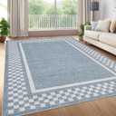 GarveeHome Modern Bordered 8x10 Area Rugs for Living Room Bedroom Soft Washable Large Bedroom Throw Carpet Non Slip Checkered Geometric Rugs for Dining Room Home Decor Office, Blue