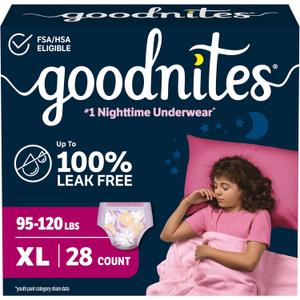Goodnites Girls' Nighttime Bedwetting Underwear, Size Extra Large (95-120 lbs), 28 Ct (2 Packs of 14)