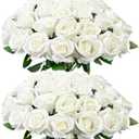 Wondrus Bulk Artificial Flowers 50 PCS, Fake Velvet Silk White Roses with Long Stems Realistic Bouquet for Mother's Day Wedding Centerpieces, Faux Arrangement for Home Table Decor