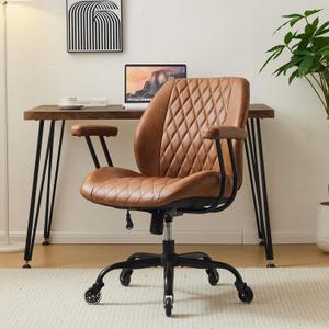 YFO Home Office Desk Chair Office Rubber Casters Ergonomic Computer Chair with Lumbar Support Adjustable Height Rolling Swivel Executive Task Armrests Chair Brown Leather (Mid Back)