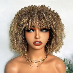SOKU Short Kinky Curly Hair Wig for Black Women Short Curly Wig with Bangs 10 Inch Blonde Heat Friendly Womens Ready to Wear Glueless Wigs Lightweight Synthetic for Daily Party