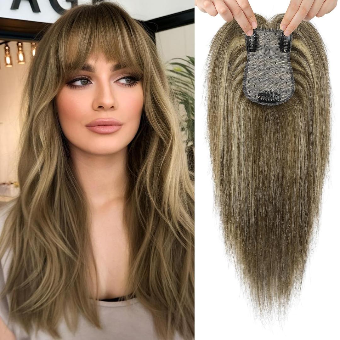 Flufymooz 100% Real Human Hair Toppers, 12 Inch Human Hair Toppers for Thinning Hair Large Hand-woven Area 360 Coverage Natural Hairpiece for Women 5"x3" Silk Base (Chocolate Brown with Blonde)