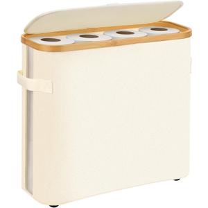 Bamboo Lid Toilet Paper Holder for 16 Rolls - Waterproof Bathroom Storage Basket with Anti-Slip Base & Side Window - Foldable Organizer for Small Spaces (Beige)