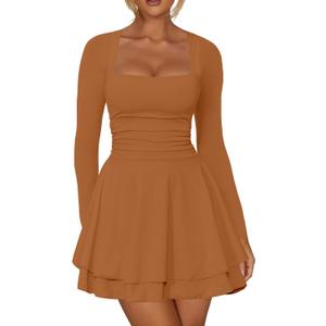 Kaximil Women's Square Neck Ruffle Hem Mini Dress Ruched Waist Long Sleeve Corset Short Party Dresses (X-Large, Brown)