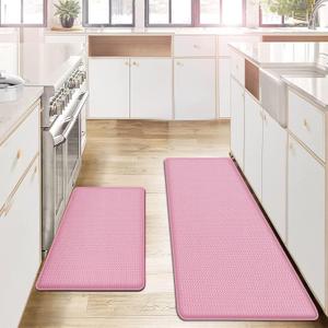 AUTODECO Kitchen Mats and Rugs Set of 2 - Cushioned Anti-Fatigue Kitchen Rug for Floor Washable 17"x29" +17"x59", PinkRed