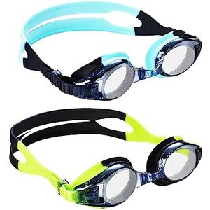Aegend 2 Pack Kids Goggles, Swimming Goggles for Kids Age 4-16 Boys and Girls Youth, Anti-Fog Waterproof Anti-UV Pool Goggles, Blue, Green