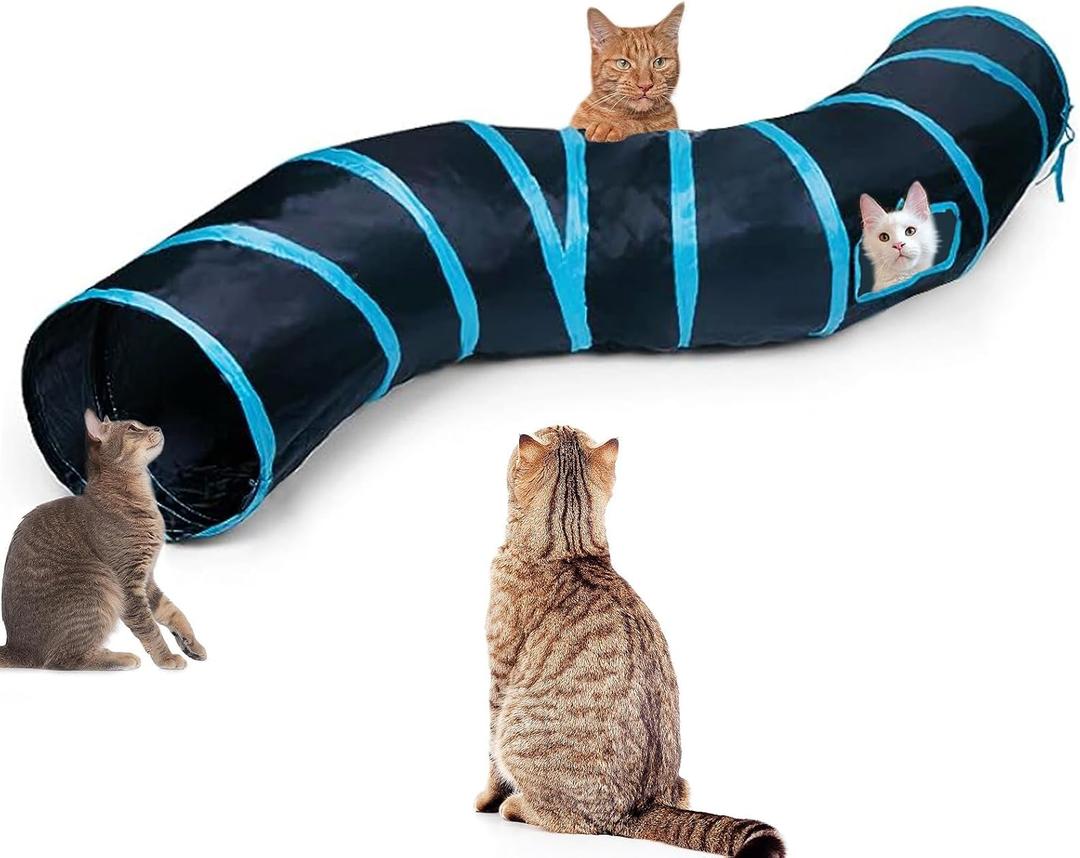 Cat Tunnel Tube ToysTunnels for Indoor Cats, S-Shape Blue Collapsible Interactive Toy with Balls for Rabbits, Kittens, Ferrets, Puppy (S - 2 Way Black Blue)