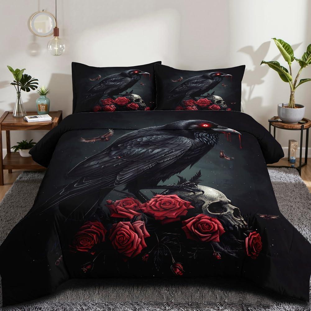 CCoutueChen Black Crow Red Rose Skull Comforter Set King Size Halloween Gothic Roses Skeleton Bedding Set Holiday Decoration Bedding Black Floral Bird Down Comforters Soft Microfiber Comforter Sets (King(104" x 90"))