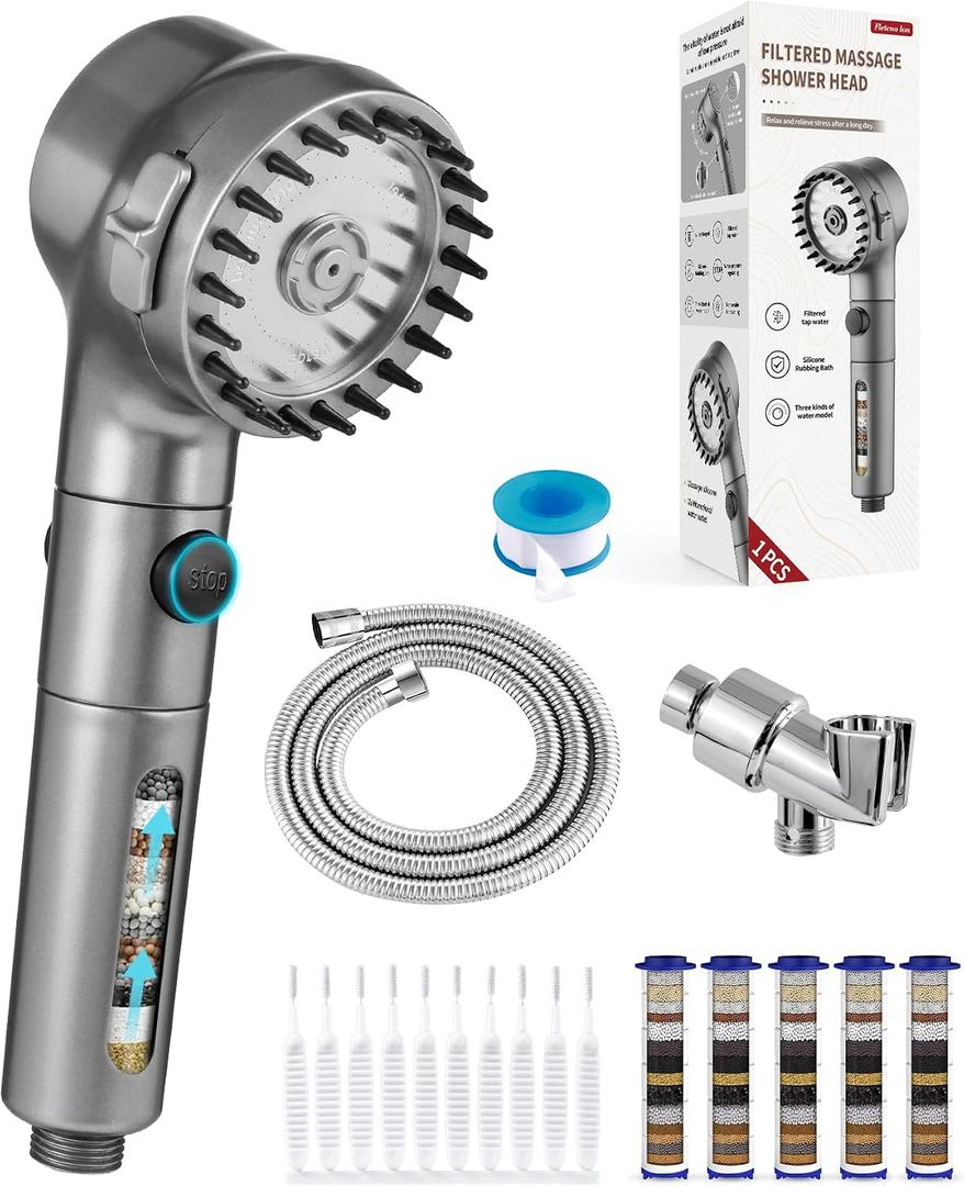 Ion Drops Filtered Shower Head with Handheld, High Pressure Water Flow Filter Showerhead for Hard Water Boosting with ON/OFF Switch and Rotatable Head (Silver gray)
