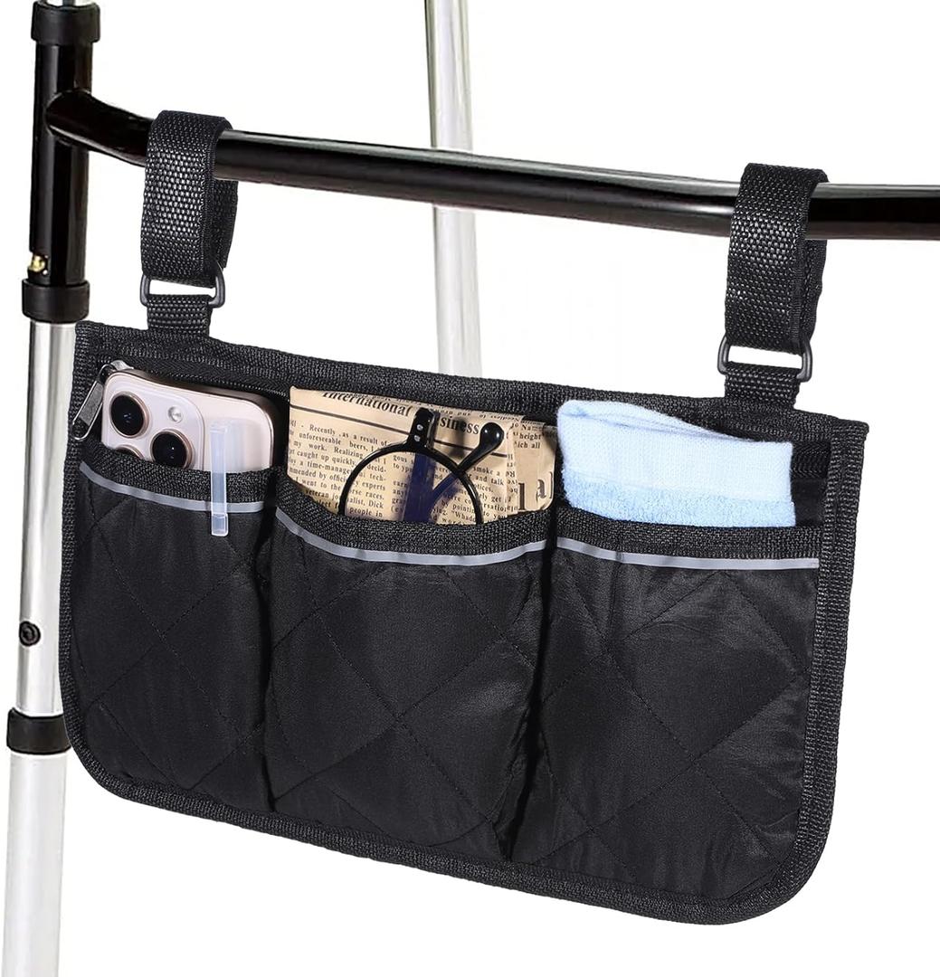Walker Bag Basket with Reflective Strips Walkers Rollator Organizer Carry Storage Pouch Wheel Chair Folding Basket Lightweight Large Capacity Organizer for Seniors Elderly Rollator Accessories (Black)