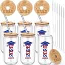 6 Pcs Red and Blue Class of 2026 Graduation Gifts Graduation Glass Cup with Lids Straw 16oz Congrats Grad Coffee Mugs for Her Him Men Women Middle & High School College Tumbler Party Favor