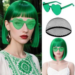 MEEZY Green Short Bob Wigs Straight Hair with Flat Bangs Heart Sunglasses for Women, Colorful Funny Cosplay Party Neon Wig Synthetic Natural As Real Carnival Halloween Costume