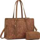 LOVEVOOK Laptop Bag for Women Vintage Leather Work Tote 15.6 inch Large Capacity Computer bag with Clutch Purse for Office, Travel, Casual (Retro Embossed Brown)