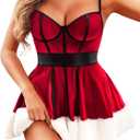 Avidlove Christmas Lingerie for Women Santa Lace Babydoll Sleepwear Halter Chemise Nightgown Nightwear (Medium)
