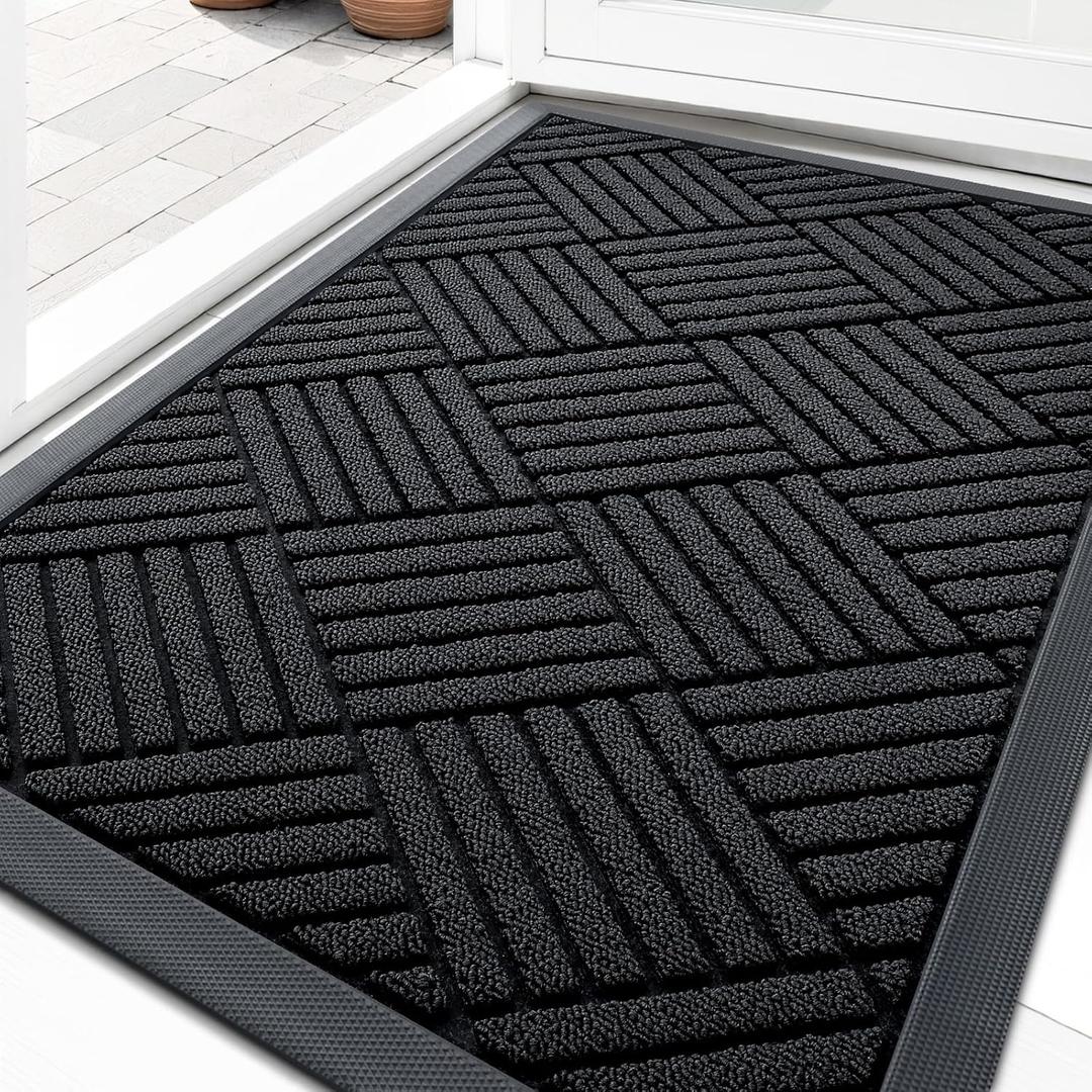 OLANLY Front Door Mat Outside Entrance 29.5x17, Absorbent, Heavy Duty Sturdy Natural Rubber Doormat Indoor Outdoor, Stain and Fade Resistant, Non-Slip Low Profile Floor Mat for Entryway, Black Diamond