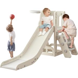 Toddler Slide,Kids Climber Slide with Storage Space and Non-Slip Steps,Indoor Outdoor Playset with Basketball Hoopa and Telescope,Slide for Toddlers Age 1-3 (White)