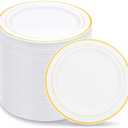 WELLIFE 144Pcs Gold Dessert Plates, 7.5 Inch Plastic Appetizer plates, Heavy Duty plastic Party Plates, White and Gold Plastic plate for Party and Wedding