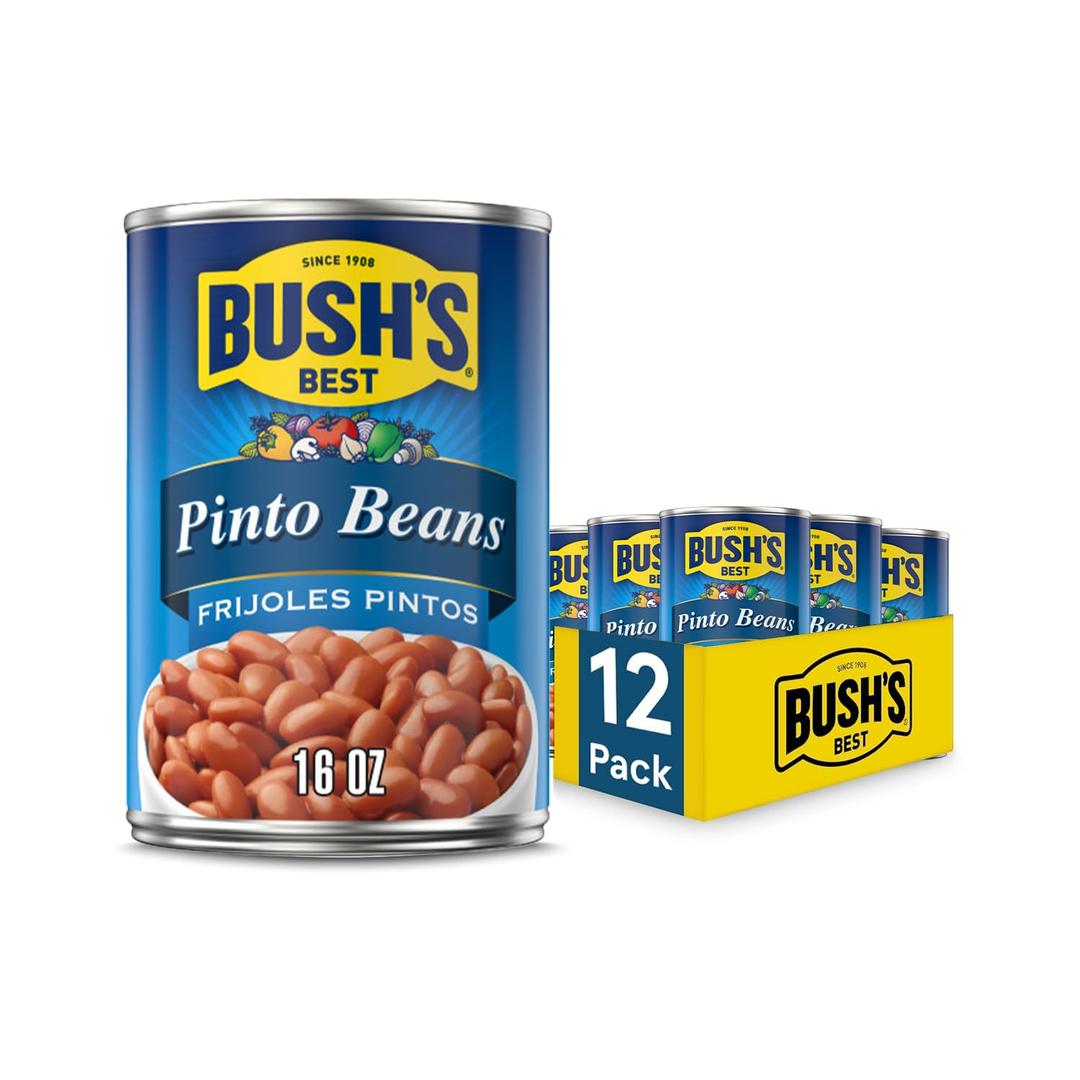 BUSH'S BEST 16 oz Canned Pinto Beans, Source of Plant Based Protein and Fiber, Low Fat, Gluten Free, Great For Soups, Salads and More, (Pack of 12) Best By NOV 2027