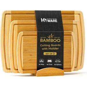 Hiware Extra Large Bamboo Cutting Board with Holder, Durable Wood Cutting Board for Kitchen with Juice Grooves & Built-in Handles, Heavy Duty Chopping Board for Meat, Vegetables - Two Tone, Set of 3