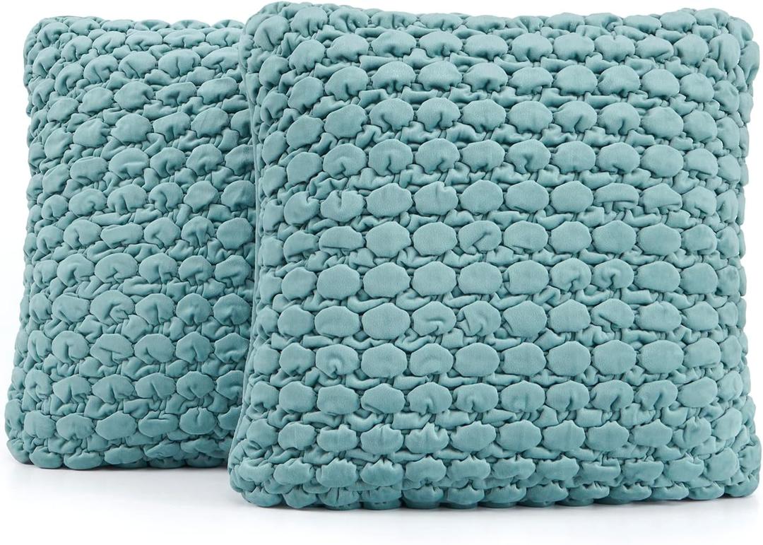 Throw Pillow Covers 18x18 Set of 2 Velvet Square Pillowcase Soft Skin-Friendly Thickened Decorative Farmhouse Cushion Covers Soft Bubble Texture for Couch Bedroom Living Room,Blue Green