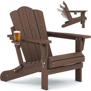 KINGYES Adjustable Folding Adirondack Chair, HDPE Reclining Adirondack Chair with Cup Holder, All Weather Resistance Embossing Oversize Adirondack Outdoor Chair, Brown 