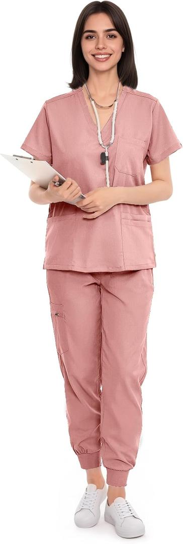 SUNME Scrubs for Women Set, V-Neck Scrub Top & Jogger Pants Medical Uniform with 9 Pockets, Yoga Waistband, XXL