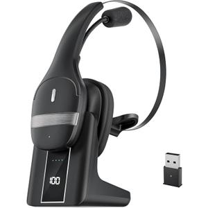 Wireless Headset with Microphone For PC with USB Dongle Built-in Mic 750mAh Charging Dock, LED Display, Noise Canceling ,Mute Button for PC Computer, Laptop, Remote Work, Call Center, Business