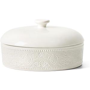 FE Ceramic Tortilla Warmer,Lace Emboss 8.8 Inch Tortilla Holder with Lid for Taco Tuesday, Mexican Night and Party,Taco Bread Pancake,Tortilleros Para Las Tortillas Caliente (Bright White)